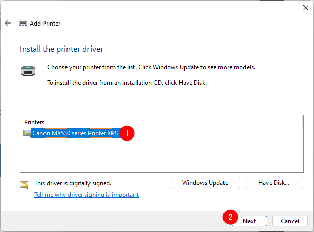 Selecting the printer driver to install