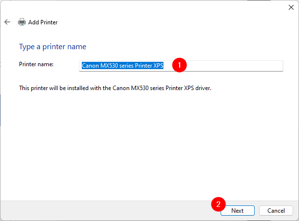 Entering a name for the manually added printer