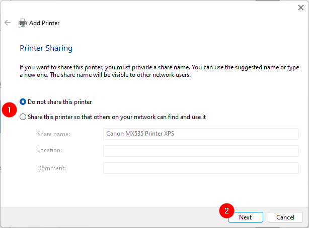 Choosing whether to share the local printer with the local network