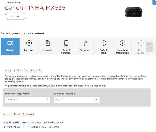 The driver webpage of a Canon printer