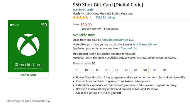Buy an Xbox Gift Card from Amazon