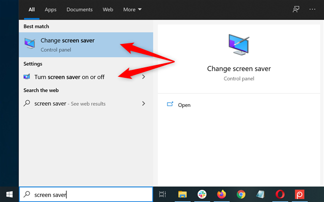 Open the Windows 10 screensaver settings using Search