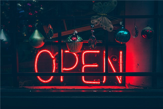 Open Neon Sign with Christmas Baubles by D A V I D S O N L U N A