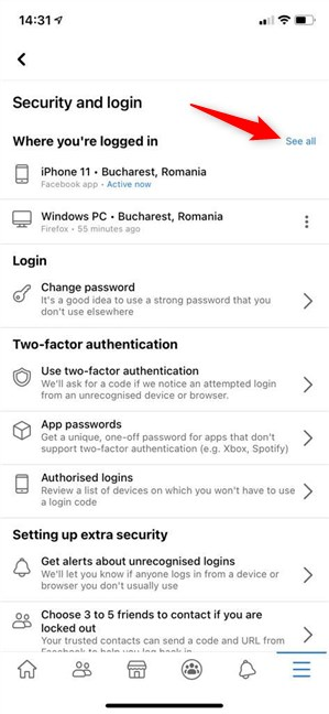 Press See all on your iPhone to access the list of devices connected to Facebook