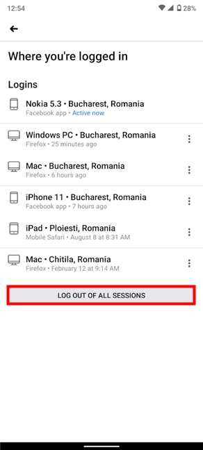 On Facebook, log out of all sessions, using your Android
