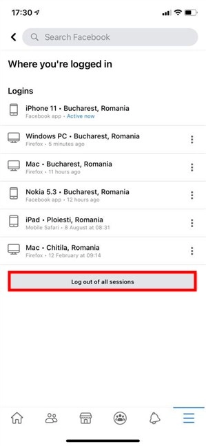 On Facebook, log out of all sessions from iOS