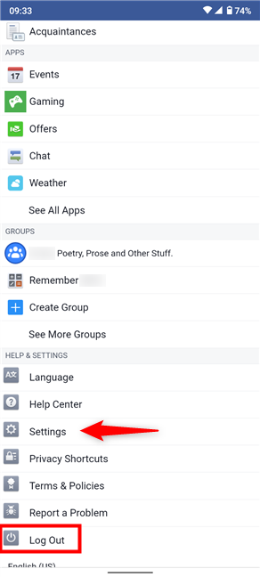 Log Out of the current session or tap Settings to logout of Facebook on other devices