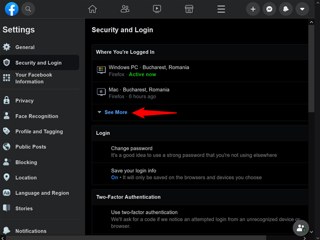 Press See More to reveal a list of all Facebook devices logged in