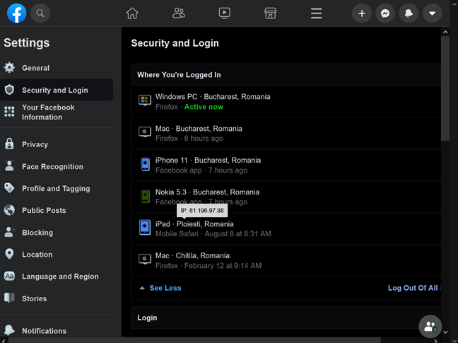 Get an IP address for the devices logged into your Facebook