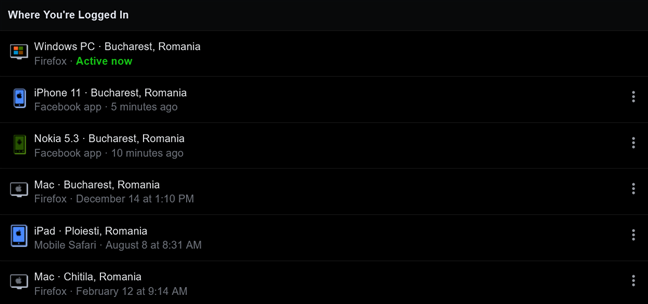 Where am I logged in Facebook? Get details from the list of connected devices