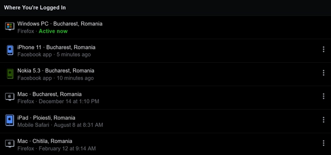 Where am I logged in Facebook? Get details from the list of connected devices