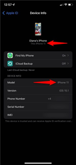 The iPhone model is shown twice on the Device Info screen