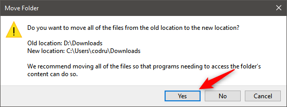 Choosing to move the files from the old location to the default Downloads location