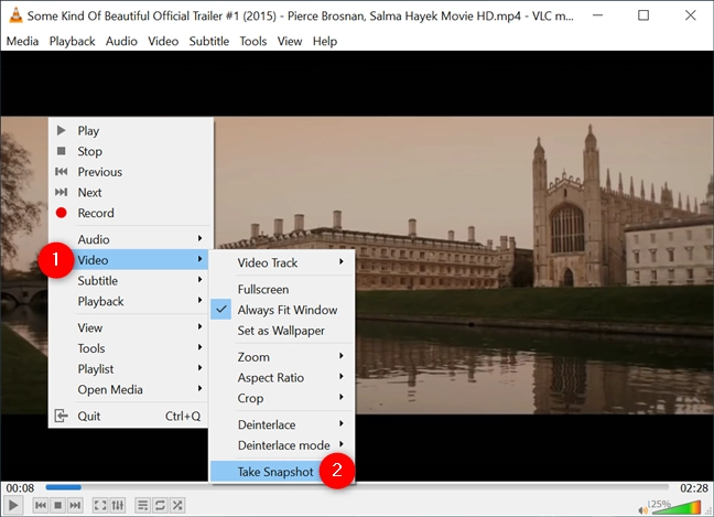 The VLC Take Snapshot option is also available from the contextual menu