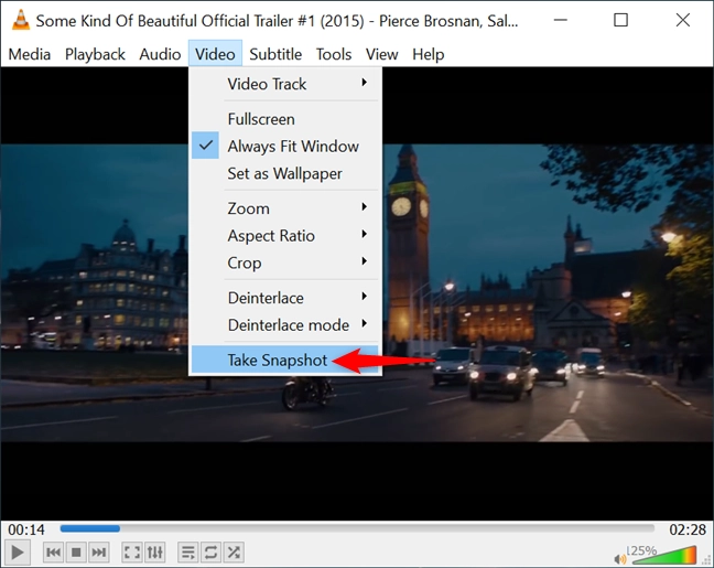 The VLC Take Snapshot option in the Video menu