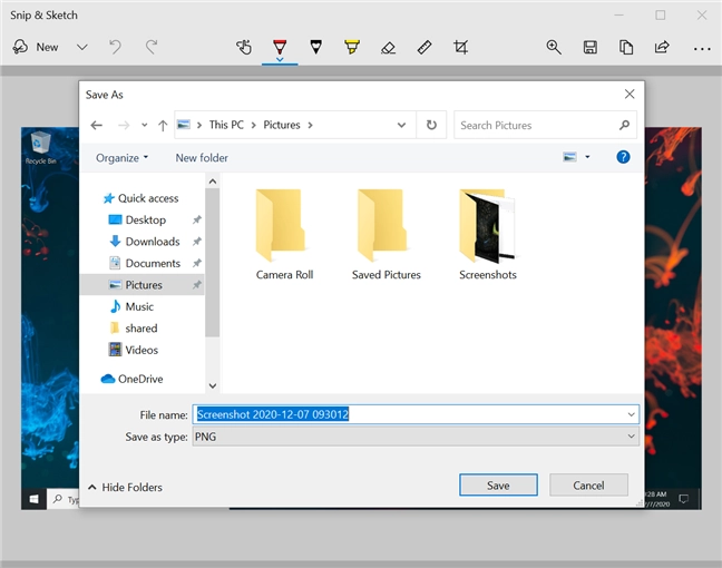 Choose where screenshots are saved with Snip & Sketch
