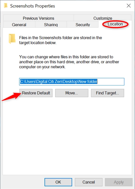 Restore the default location where your print screens go in Windows 10