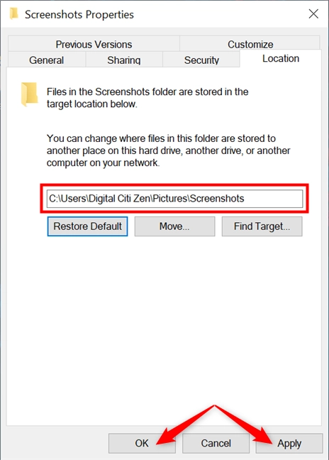 Change where you find screenshots in Windows 10