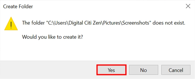 Recreate the default Screenshots folder in Windows 10 to return to the initial location for saving captures