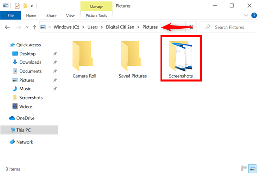 Browse to the Windows 10 Screenshots folder
