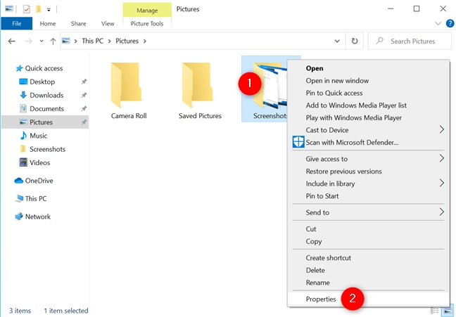 Open the Properties of the Windows 10 Screenshots folder
