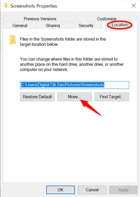 Press Move to change where Windows 10 saves screenshots