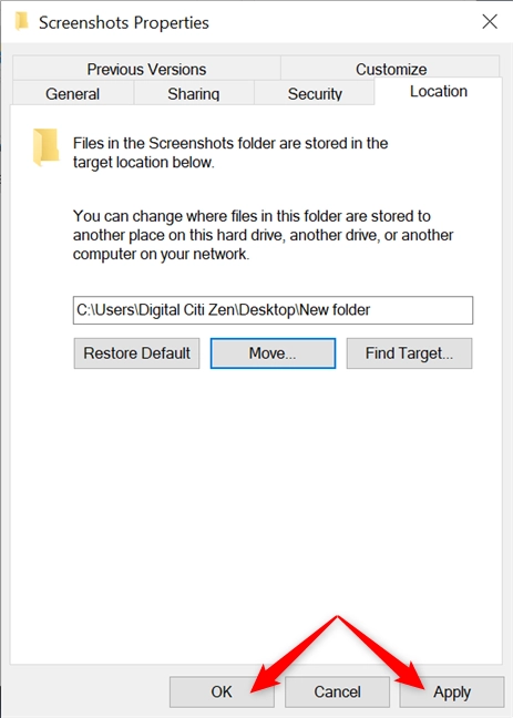 Press OK or Apply to change where print screens go in Windows 10