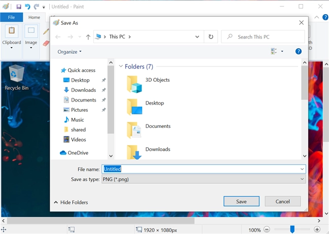 Decide where screenshots are saved from Paint