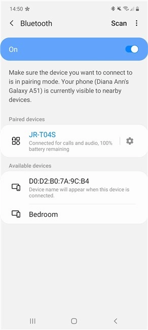 The Android Bluetooth connection is successfully established on Samsung