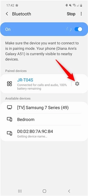 Tap on the cogwheel next to the Bluetooth device you want to modify on Android