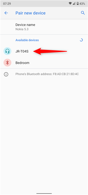 Any Bluetooth enabled devices appear under Available devices