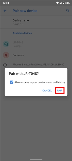 Set up Bluetooth device permissions and confirm Bluetooth pairing on Android
