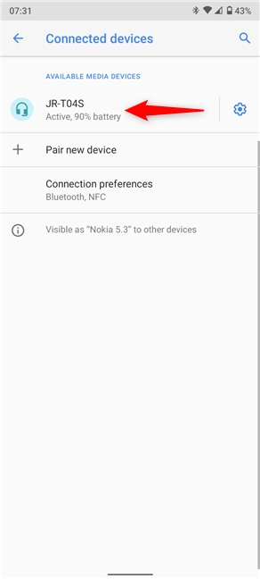 On Android, Bluetooth devices appear on the Connected devices screen