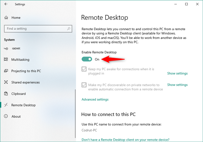 The Enable Remote Desktop switch from the Remote Desktop section