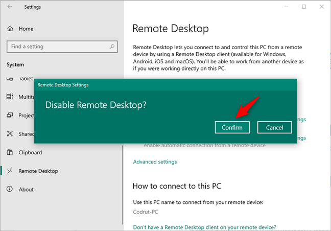 Disable Remote Desktop in Windows 10