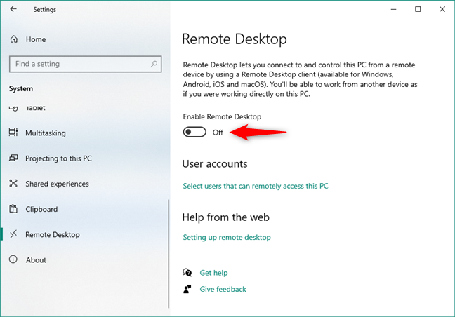 Remote Desktop is turned off in Windows 10