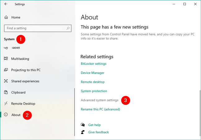 Opening the Advanced system settings in Windows 10