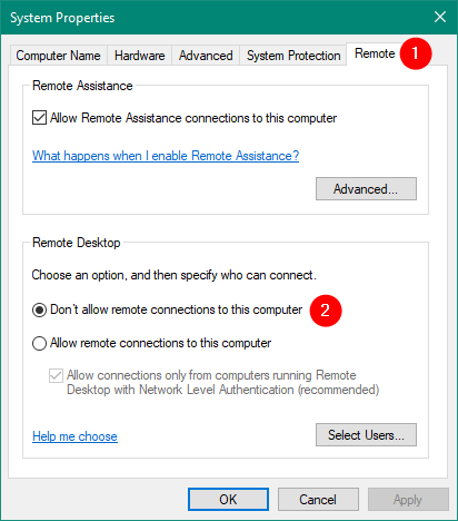 Don't allow remote connections to this computer