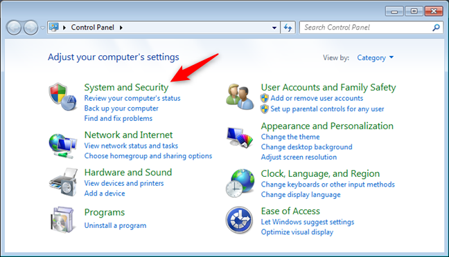 The System and Security settings in Windows 7