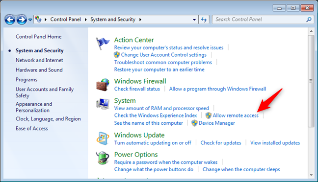 Allow remote access settings in Windows 7