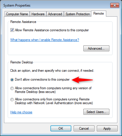 Don't allow connections to this computer