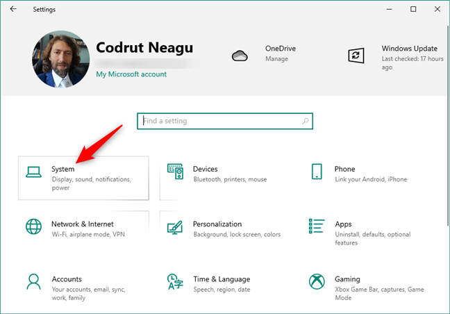 Settings' System category in Windows 10