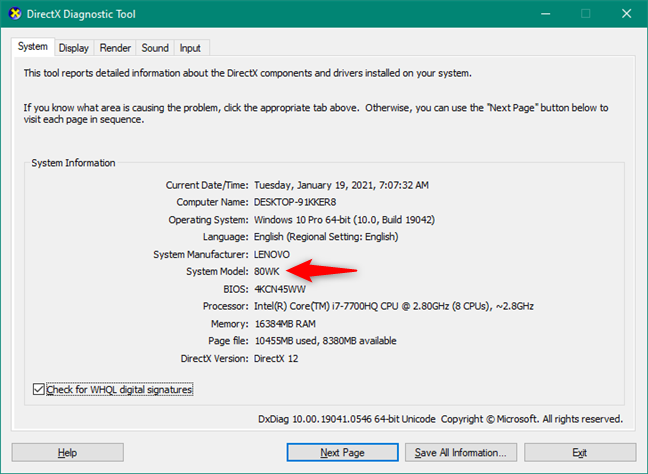 System Model is shown in Windows 10's dxdiag