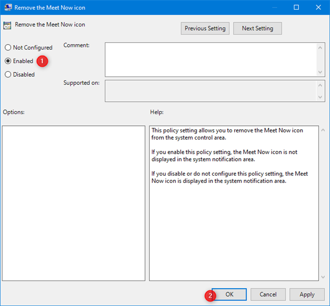 Set Remove the Meet Now icon to Enabled