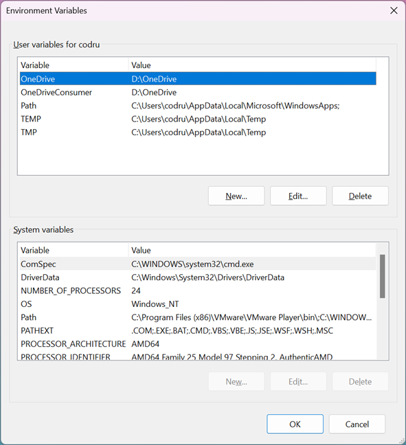 The Environment Variables window in Windows