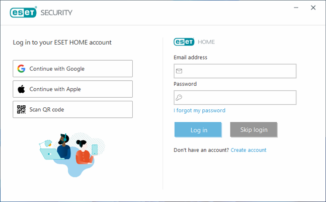 Log in to your ESET HOME account or Skip login