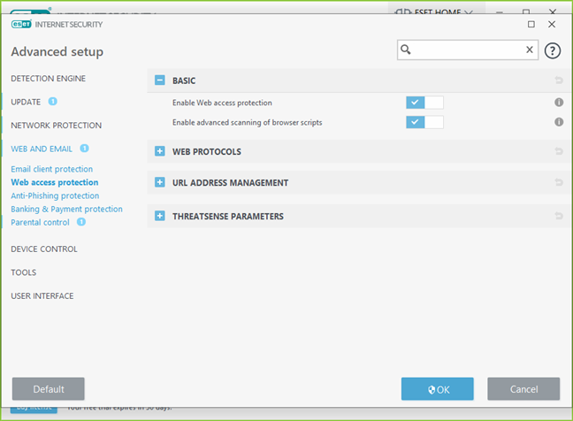 Web protection settings