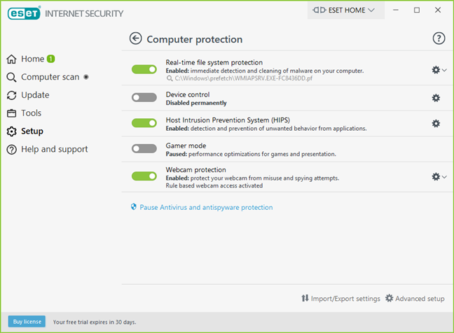 ESET Internet Security setup options