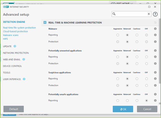 The advanced settings available in ESET Internet Security