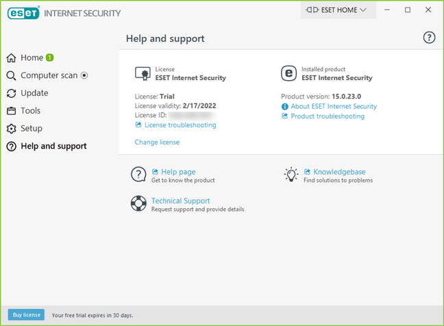 The Help and Support options available in ESET Internet Security